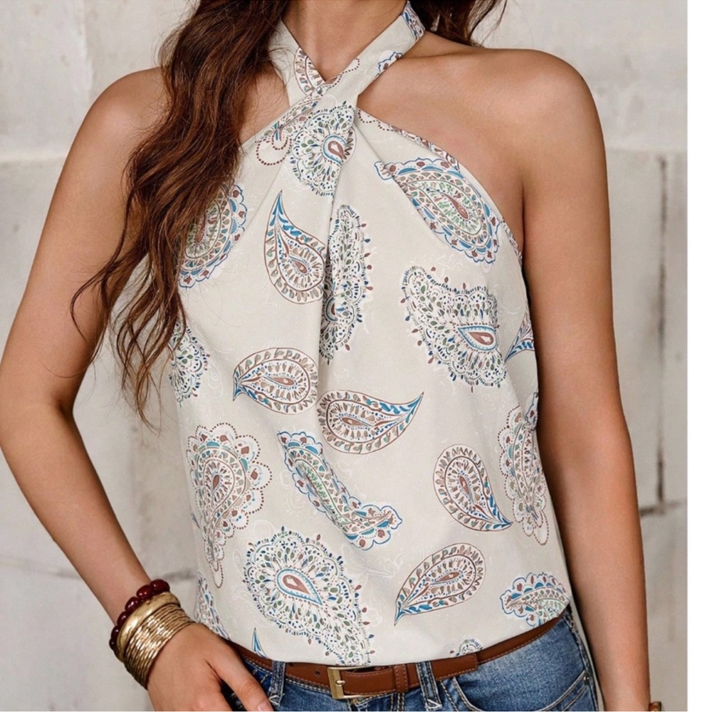 Boho Paisley Print Halter Neck Tank Top S M L XL